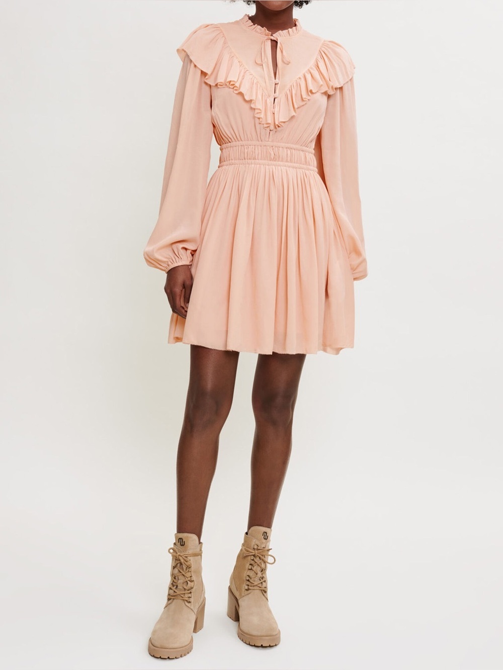 Maje Ruffled Short Dress in Pale Pink, Size 42 (US XL)